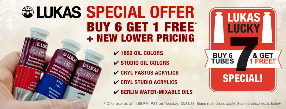 Buy 6 Get 1 Free Deals + New Lower Pricing on Lukas 1862 Oil Colors, Lukas Studio Oil Colors, Lukas Cryl Pastos Acrylics, Lukas Cryl Studio Acrylics, and Lukas Berlin Water-Mixable Oil Colors! Hurry, these special holiday offers will expire on 12/31/13. See full details below.