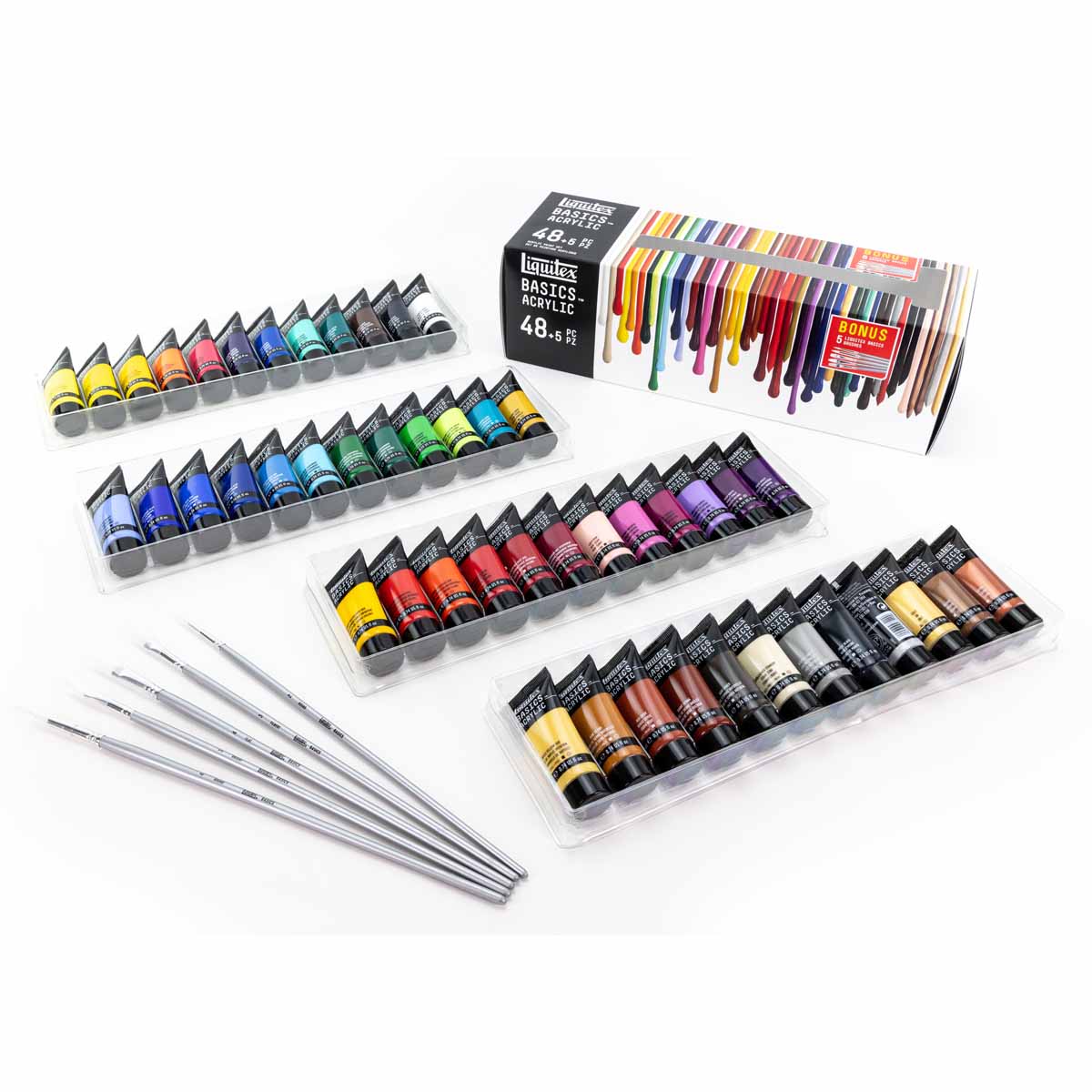 Liquitex BASICS Acrylic Set of 48 (22ml) + 5 Long Handle Brushes