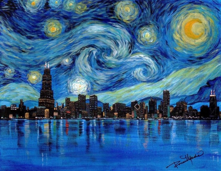 starry chicago small paintnig using lukas berlin oil paints