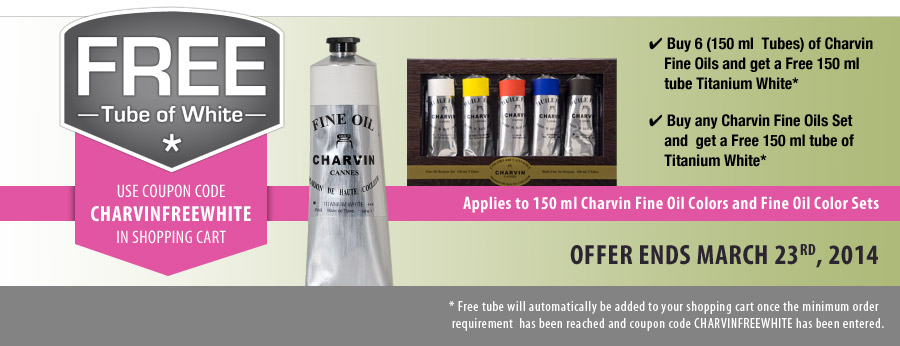 Buy six 150 ml tubes of Charvin Fine Oil Colors or any Charvin Fine Oil Colors Set and get a Free 150 ml Tube of Titanium White with your order. Use coupon code CHARVINFREEWHITE to activate this special offer.