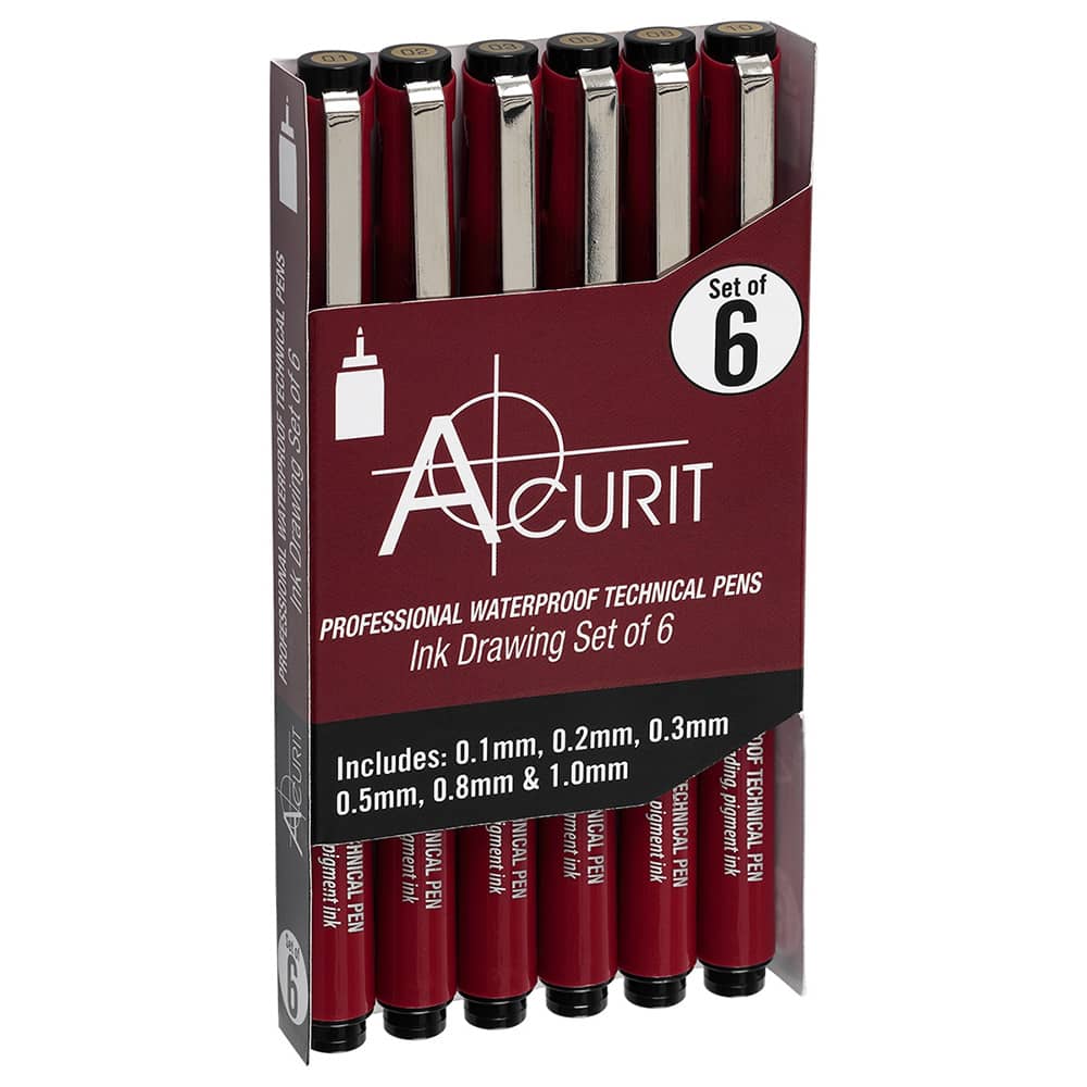 Acurit Technical Waterproof Ink Pen Set of 6, Assorted Nibs