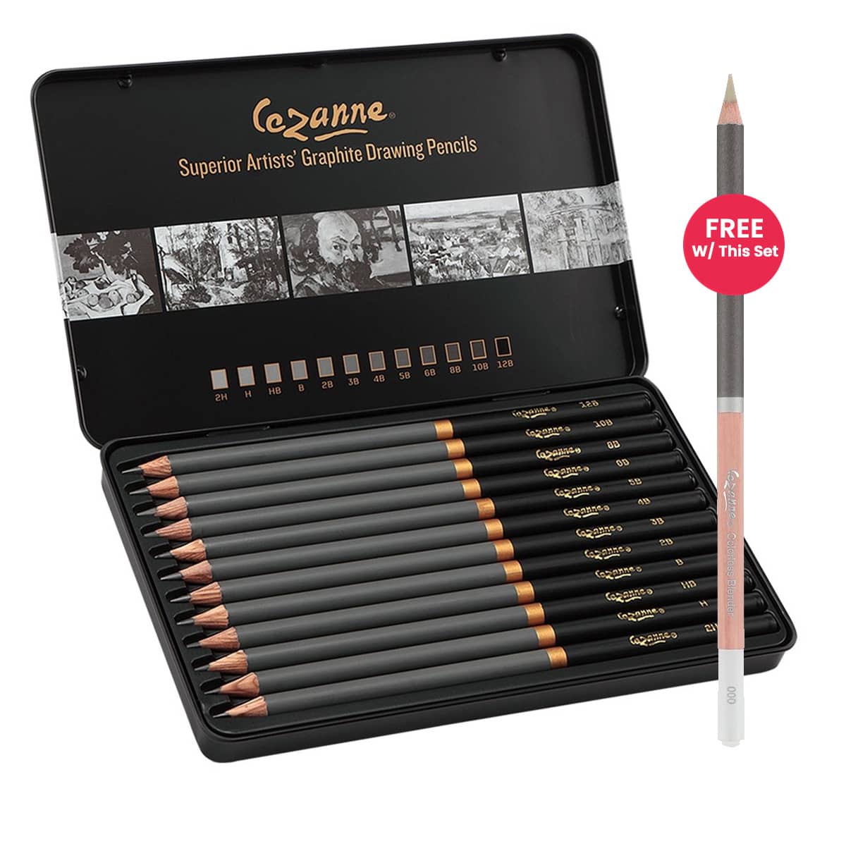 Cezanne Graphite Pencil Tin Set of 12 + Free Colorless Blender
