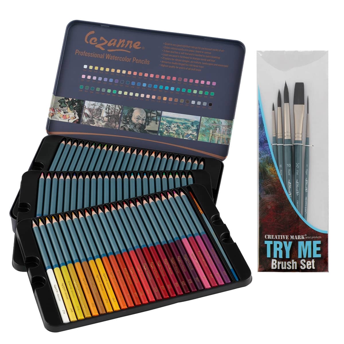 Cezanne Watercolor Pencils 72ct Set + Mimik Synthetic Squirrel 5pc Brush Combo