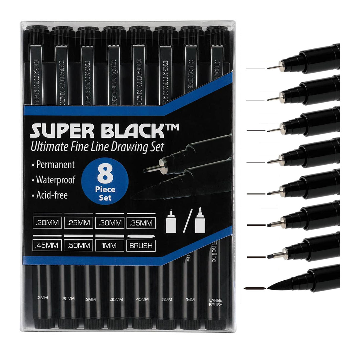 Super Black Permanent Ultimate Fineliner Pens Drawing Set of 8