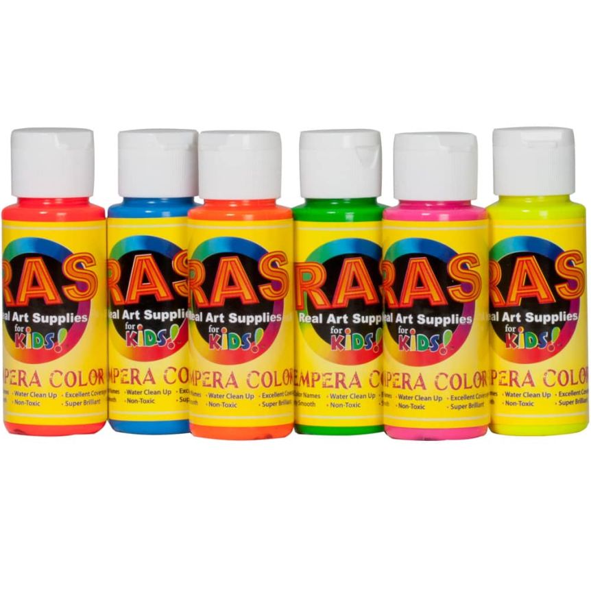 RAS Tempera Paint for Kids Set of 6, 2oz Bottles - Fluorescent Colors