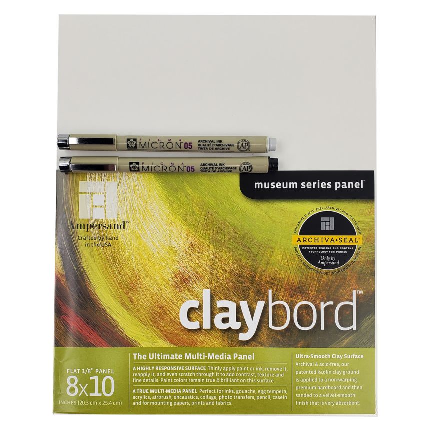Ampersand Claybord 1/8” Flat Panel Box of 2 + 2 Micron Pens Bundle