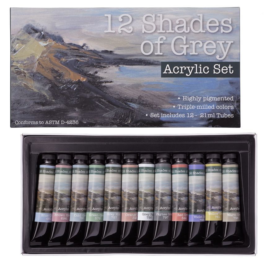 12 Shades of Grey Acrylic Paint Set of 12, 21ml Tubes
