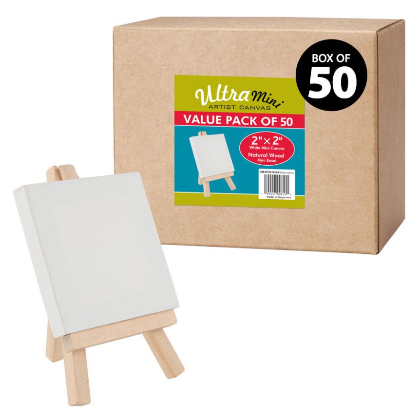 Ultra-Mini Box of 50 Natural Easels w/ 50 White 2"x2" Stretched Canvases (50 Total Easels & Canvas)