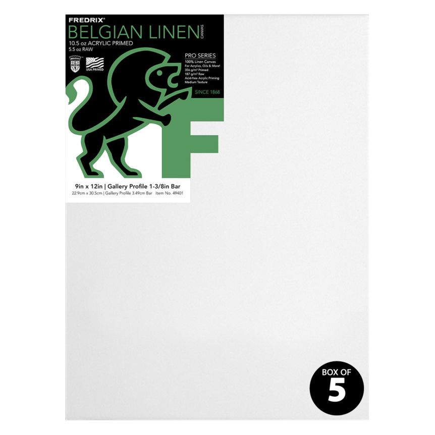 Fredrix PRO Series Belgian Linen Stretched Canvas 9x12" 7/8" Deep Box of 5