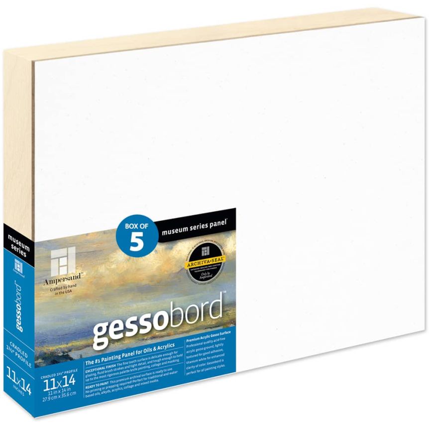 Ampersand Museum Series Gessobord 1-1/2" Cradled Panel, 11" x 14" - Box of 5