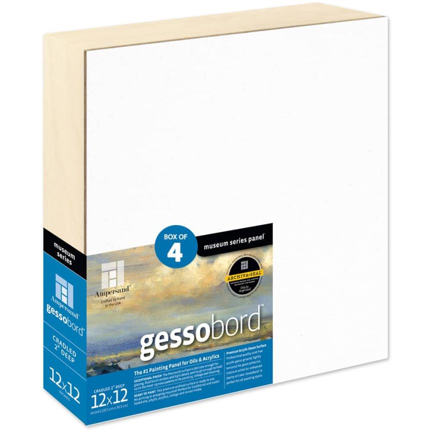 Ampersand Museum Series Gessobord 2" Deep Cradled Panel, 12" x 12" - Box of 4