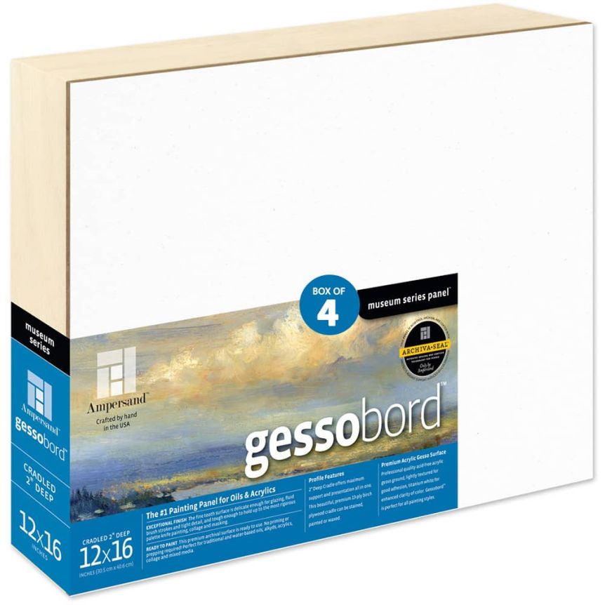 Ampersand Museum Series Gessobord 2" Deep Cradled Panel, 12" x 16" - Box of 4