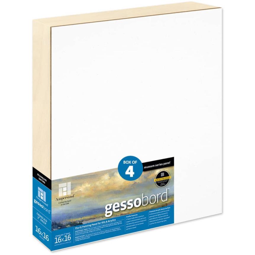 Ampersand Museum Series Gessobord 2" Deep Cradled Panel, 16" x 16" - Box of 4