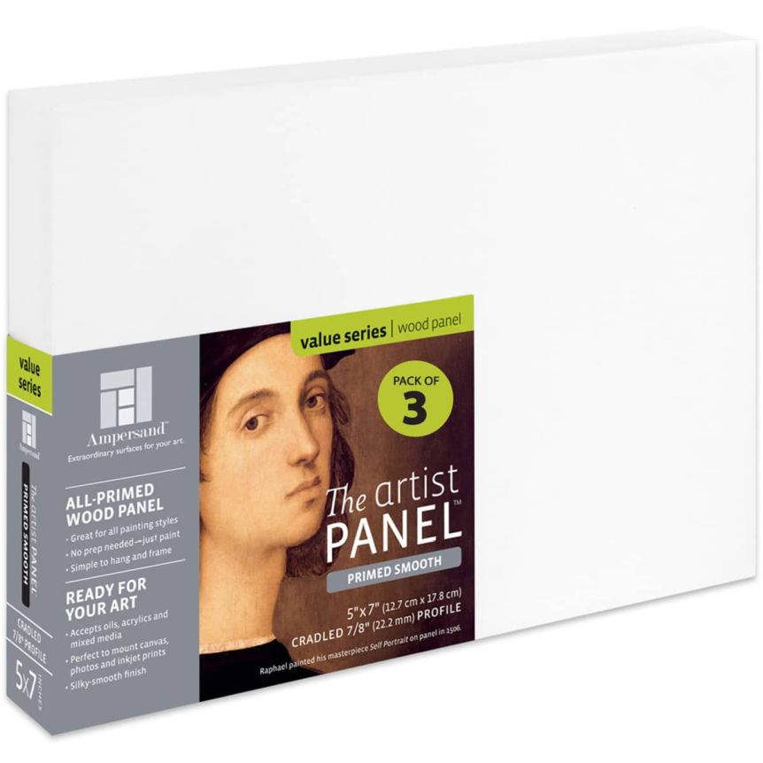 Ampersand Artist Primed Smooth 7/8" Cradled Panel, 5" x 7" (Pack of 3