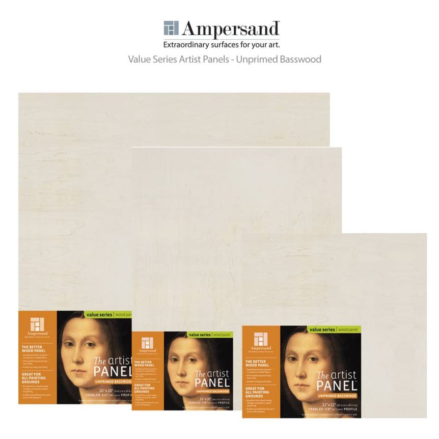 Ampersand Art Supply Unprimed Basswood Artist Panel 1-1/2 Cradled Profile 10x10, 