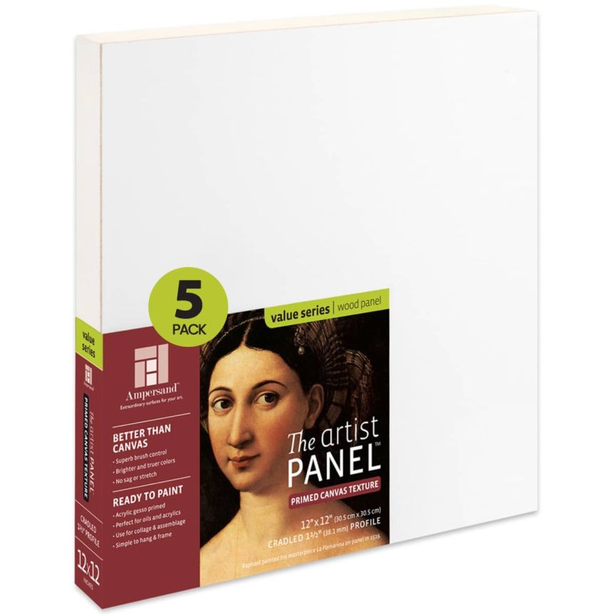 Ampersand Value Series Artist Cradled Panel 1-1/2" Deep, Canvas Finish 12" x 12" (Pack of 5)