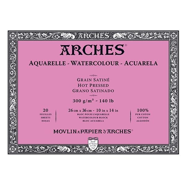 Arches Watercolor Block 10"x14", 140lb Hot Press, 20 Sheets Natural White