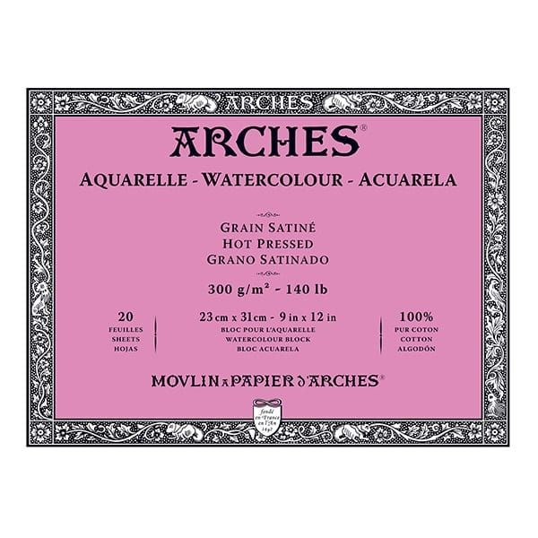Arches Watercolor Block 9"x12", 140lb Hot Press, 20 Sheets Natural White