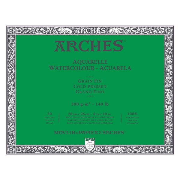Arches Watercolor Block 8"x10", 140lb Cold Press, 20 Sheets - Natural White