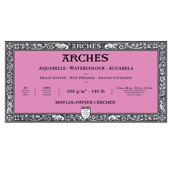 Arches Watercolor Block 5.9"x11.8", 140lb Hot Press, 20 Sheets Landscape