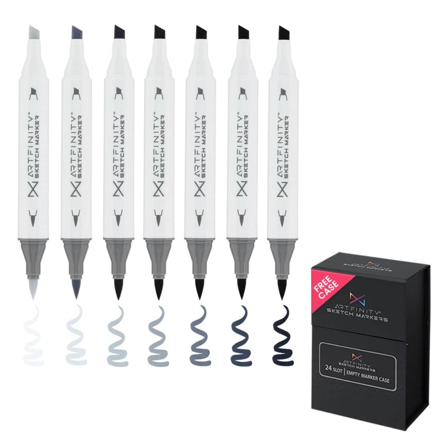 Artfinity Sketch Marker Cold Grey Set of 7 + Free 24-Count Marker Storage Case