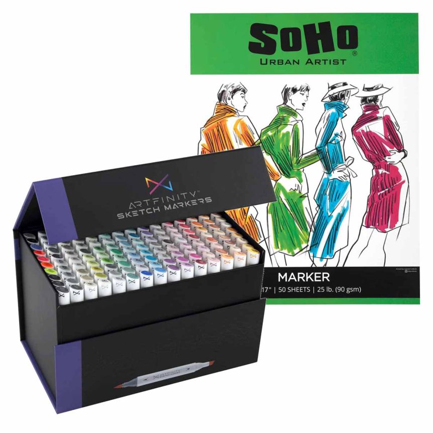 Artfinity Sketch Marker A Set of 150 + Soho Marker Paper Pad 14" x 17" (50 Sheets)