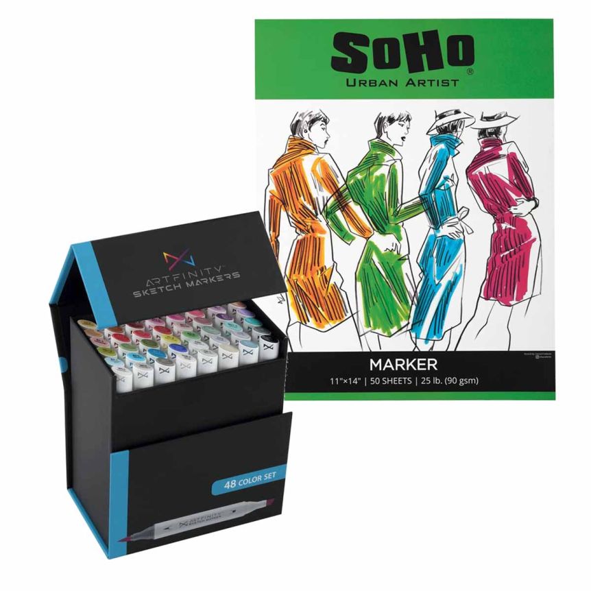 Artfinity Sketch Marker Set of 48 + Soho Marker Paper Pad 11" x 14" (50 Sheets)