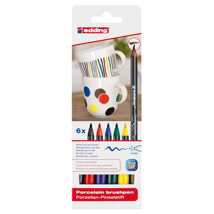 Edding 4200 Porcelain Brush Pen Tin Set of 6 Basic Colors