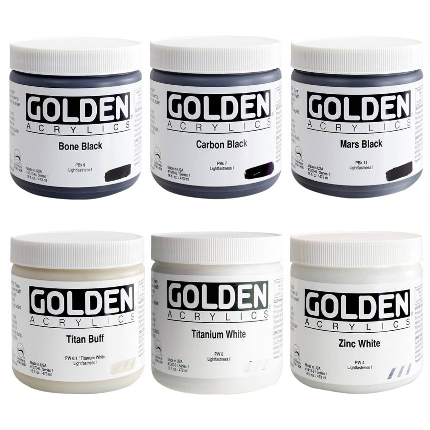 Golden Heavy Body Acrylic 5 oz Black & White Set of 6