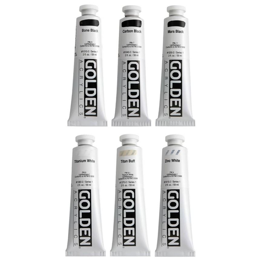 Golden Heavy Body Acrylic 2 oz Black & White Set Of 6