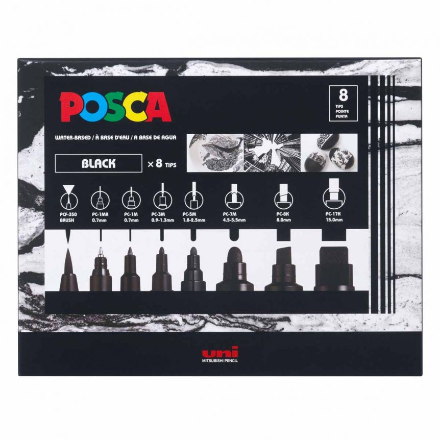 Posca Acrylic Paint Marker Black Set of 8 Assorted Sizes