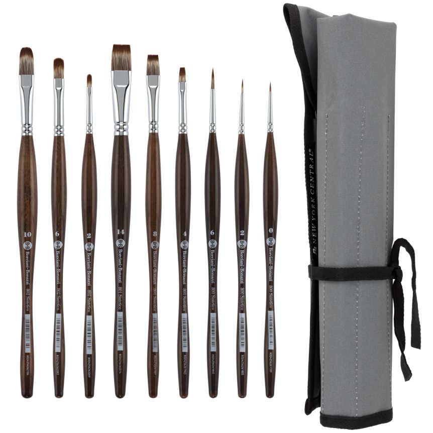 Unico Synthetic Mongoose Oil & Acrylic Set of 9 with NY Central Brush Rollup