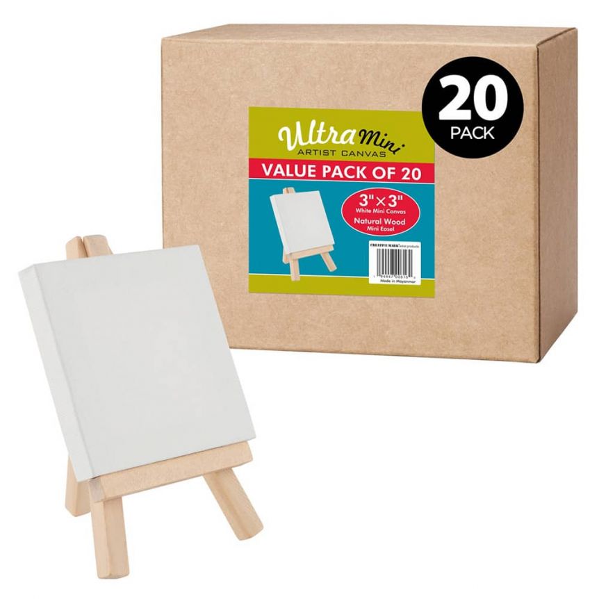 Ultra-Mini Set of 2 Easels w/ 2 Stretched Canvases 3x3 - Natural Easel