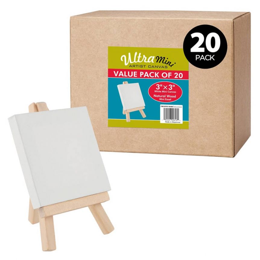 Box of 20 UltraMini White Canvas 3x3" w/ Natural Easel Set Jerry's
