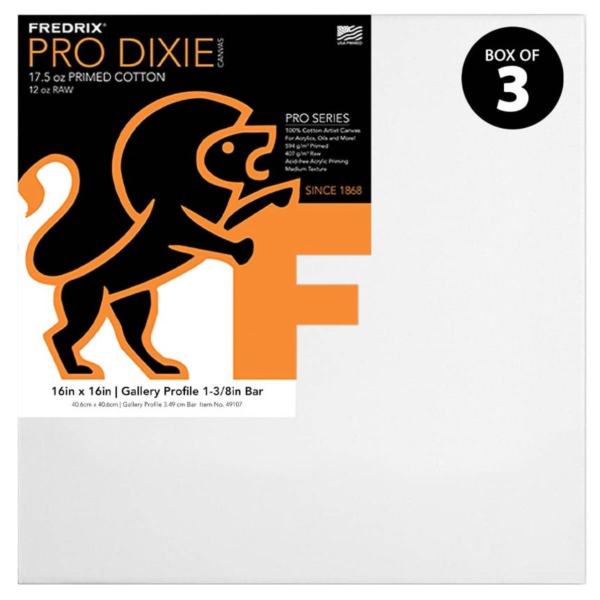 Fredrix Dixie PRO Series Stretched Canvas 1-3/8" Box of Three 16x16"