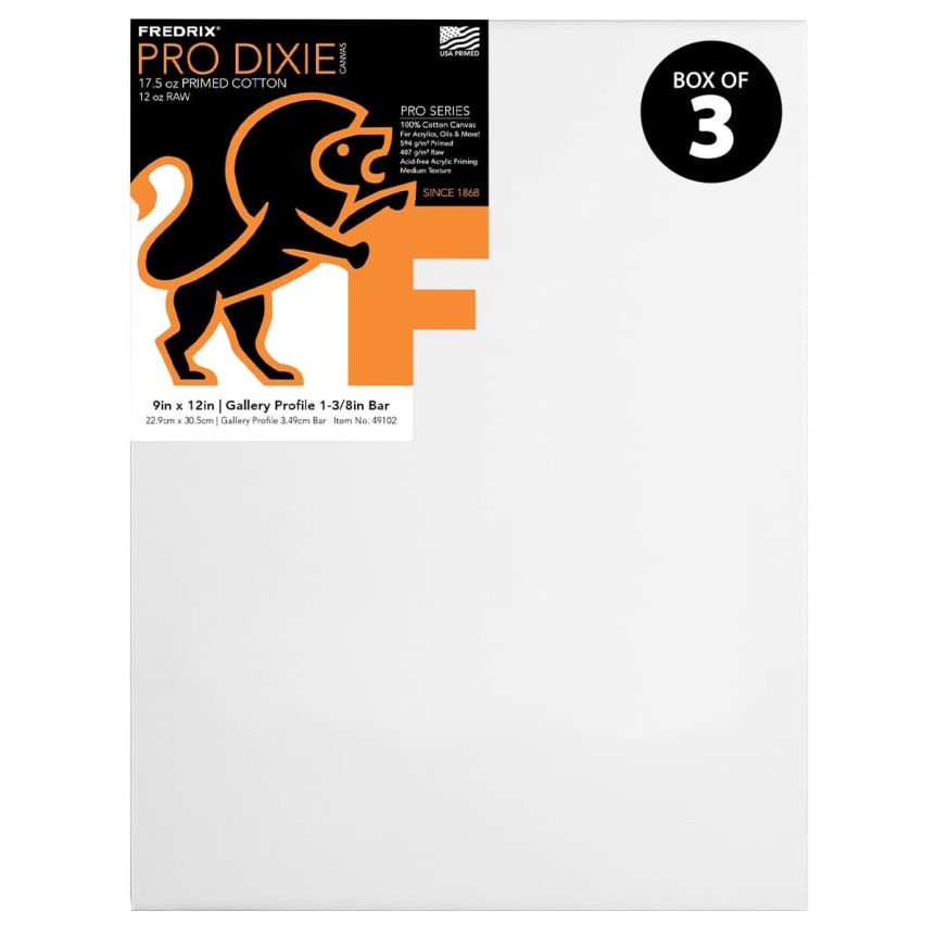 Fredrix Dixie PRO Series Stretched Canvas 1-3/8" Box of Three 9x12"