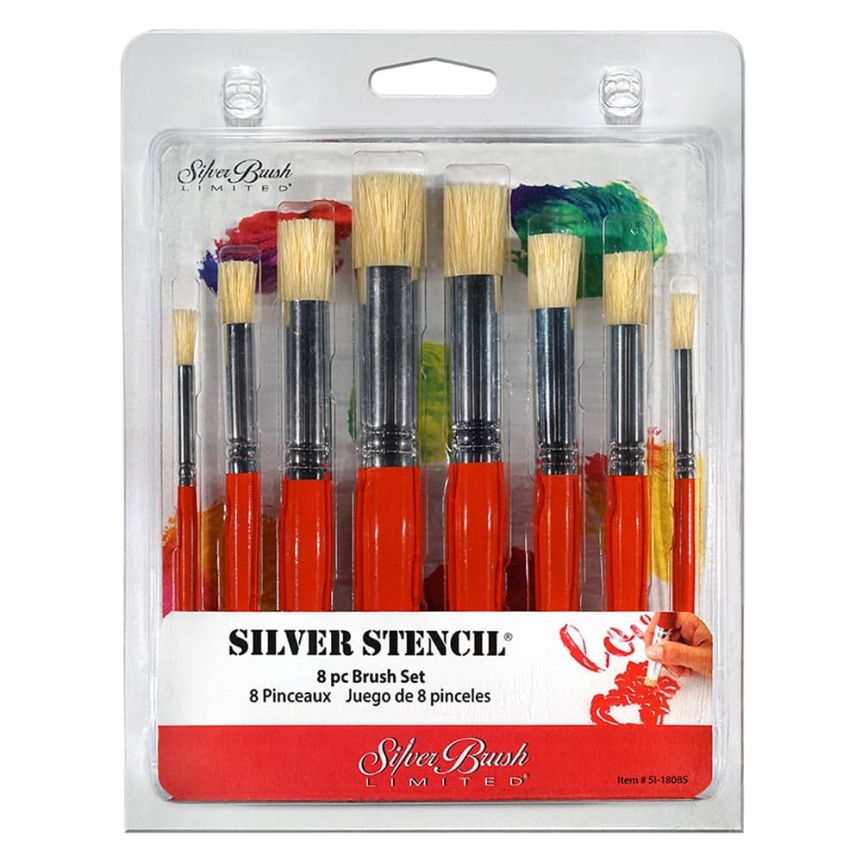 Silver Stencil Bristle Short Handle Brush Set of 8 