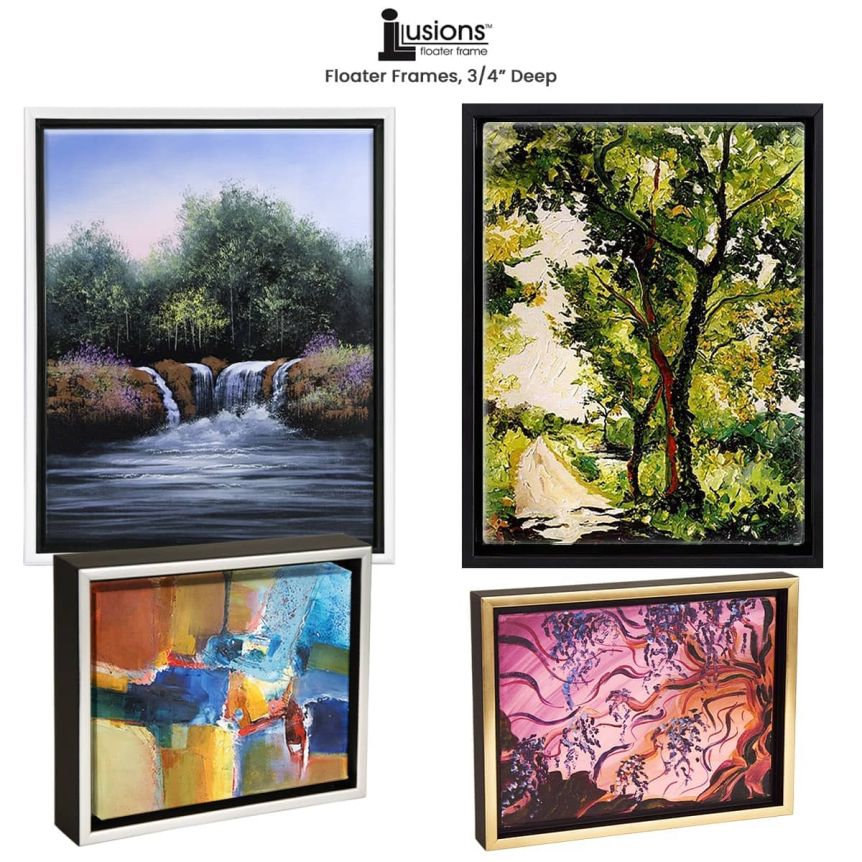 Creative Mark Illusions Floater Frames - 8x10 Black/Antique Silver - 4 Pack  of ¾’’ Deep Floating Frames for Stretched Canvas Paintings, Artwork, and