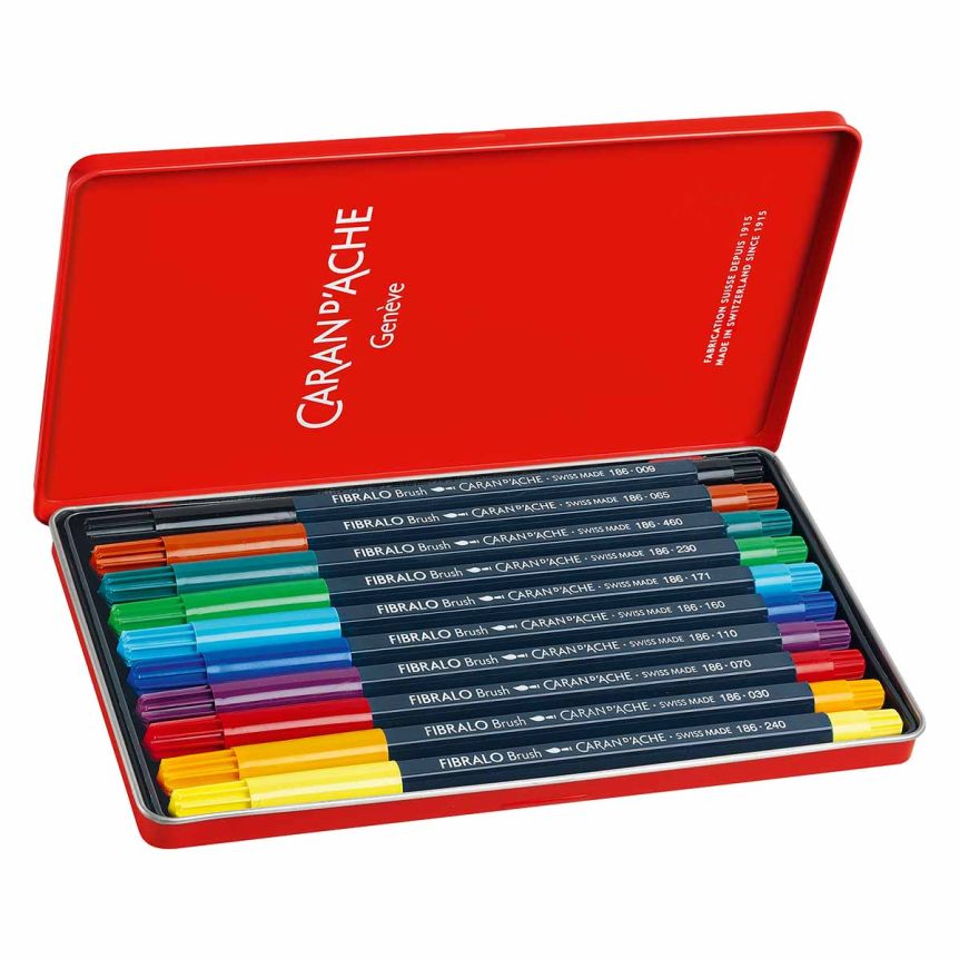 Caran d’Ache FIBRALO Brush-Tip Marker - Tin Set of 10, Assorted Colors