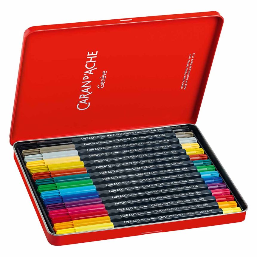 Caran d'Ache FIBRALO Brush Marker - Tin Set of 15, Assorted Colors