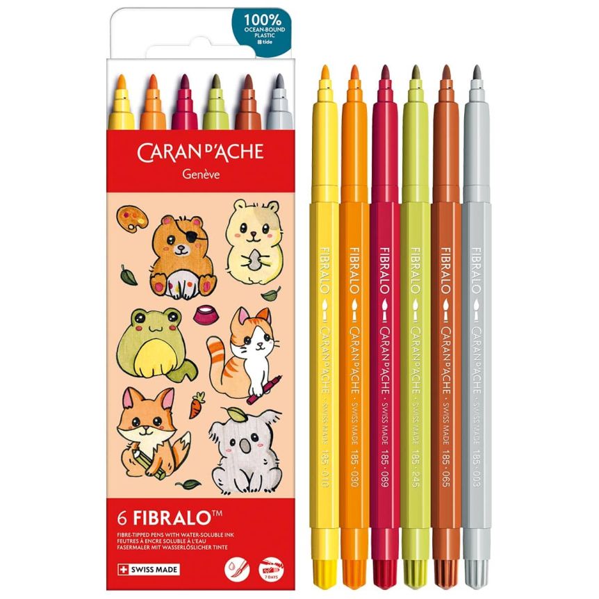 Caran d'Ache FIBRALO Bullet Marker - Set of 6, Kawaii Cute Animals