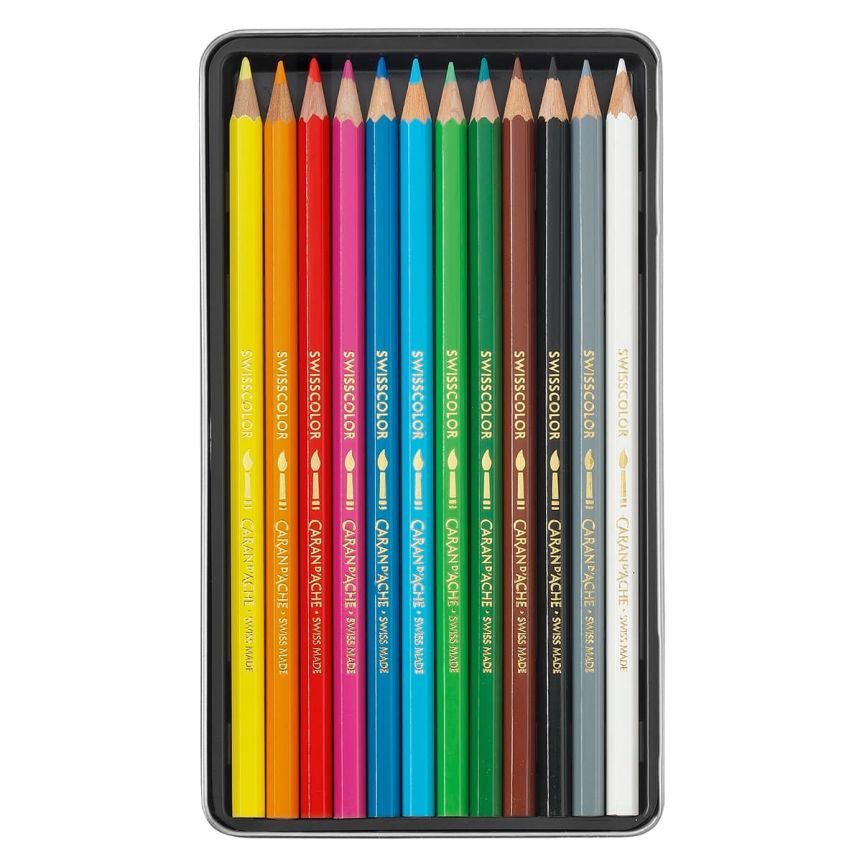 Caran d'Ache Swisscolor Water Soluble Pencil Tin Set of 12, Assorted Colors