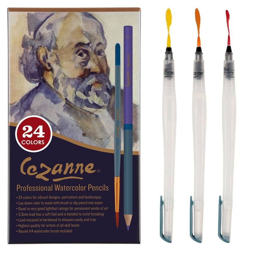 Cezanne Watercolor Pencils Set of 24
+ Aquastroke Pro Water Brush Rounds (Set of 3)