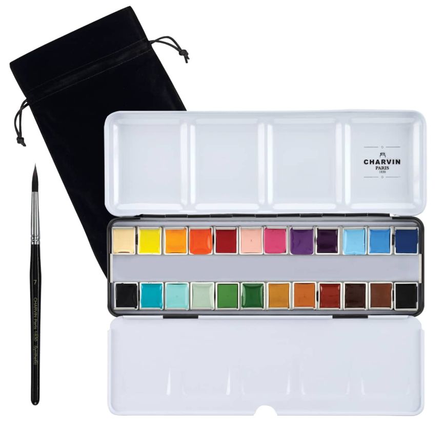 Charvin Extra-Fine Watercolor - Metal Box Set of 24, Half Pans