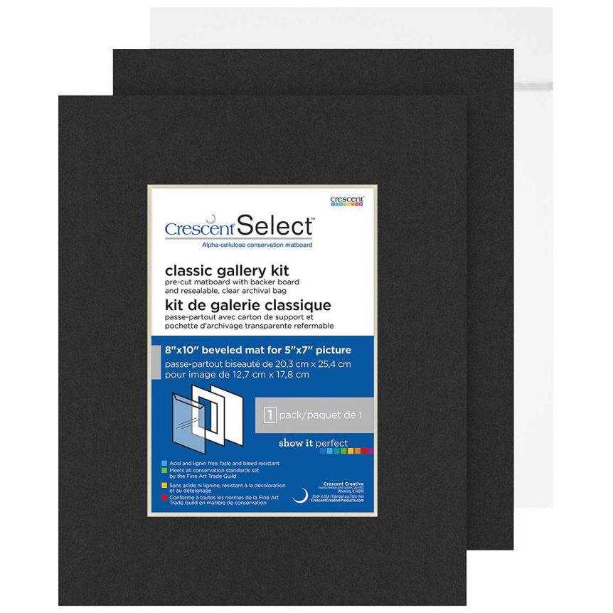 Crescent Select Pre-Cut Mat w/ Backing and Photo Bag - Black 8" x 10" (5" x 7" opening)