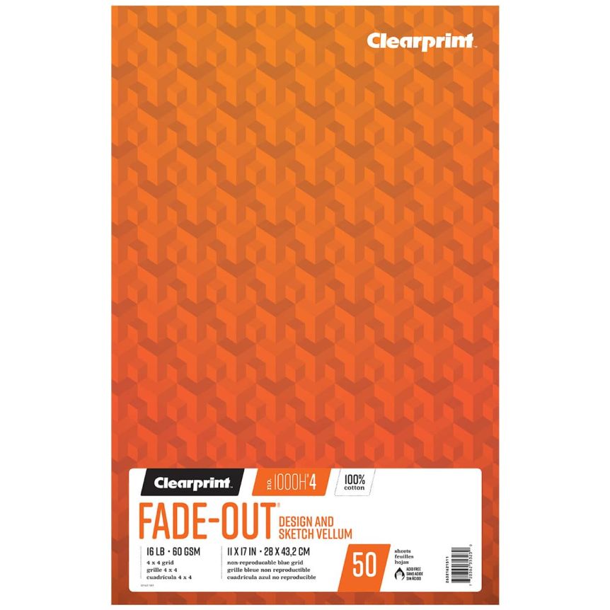 Clearprint 1000H Fade-Out Vellum Pad - Translucent 4 x 4 Grid, 11" x 17", 50 Sheets