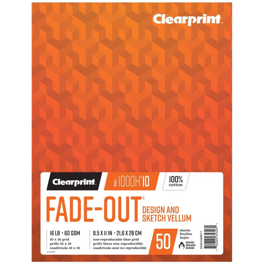 Clearprint 1000H Fade-Out Vellum Pad - Translucent 10 x 10 Grid, 8-1/2" x 11", 50 Sheets