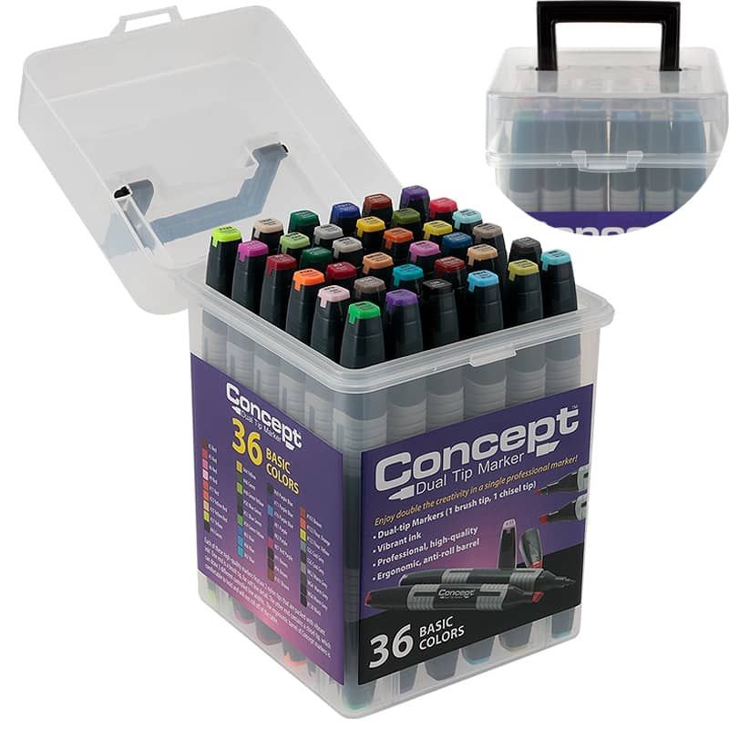 Concept Dual Tip Marker 36 Color Set In Clear Case With Handle