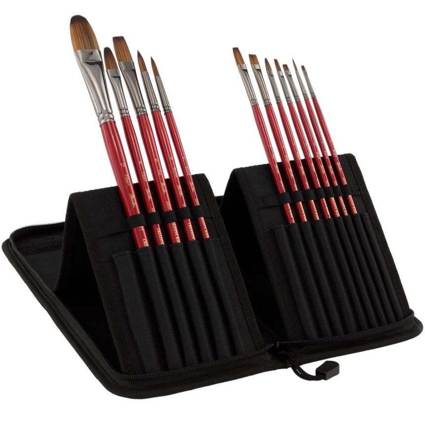 Staccato Long Handle Synthetic Artist Brushes, Set of 12 w/ Easel Case