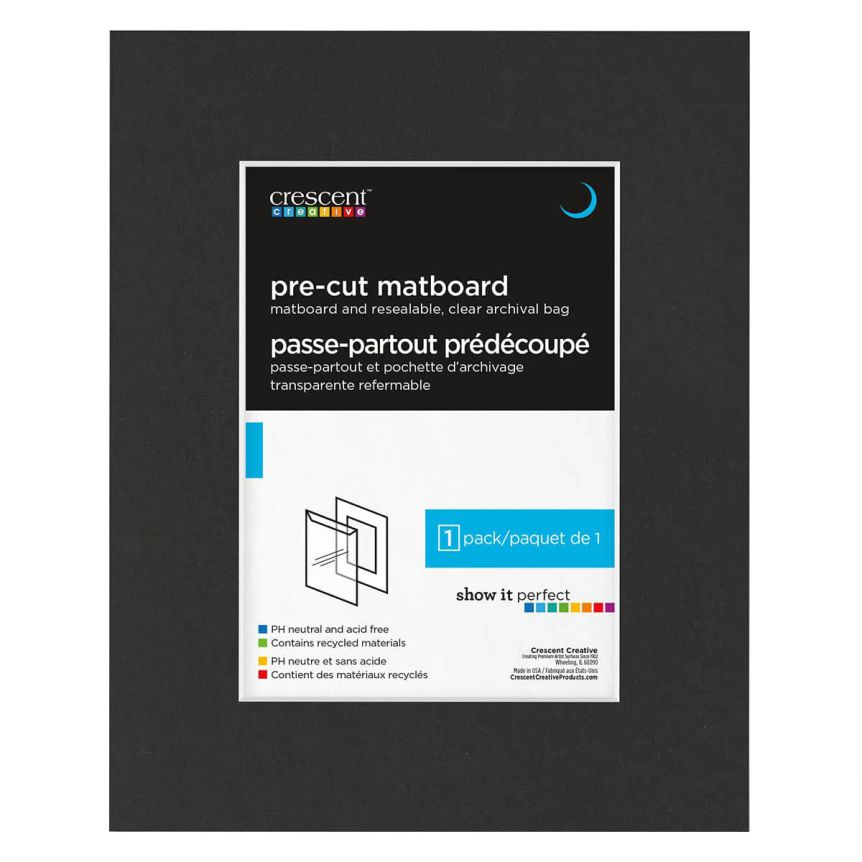 Crescent Select Pre-Cut Mat w/ Backing and Photo Bag - Black 8" x 10" (5" x 7" opening)